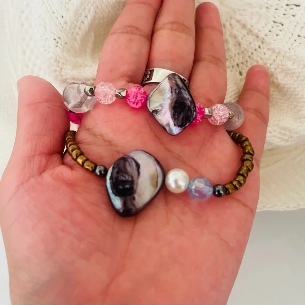 2 Bracelets Handmade Stretch beaded Mother of Pearl
